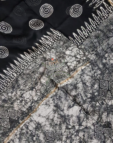 Handloom black and white Chanderi batik saree