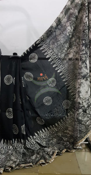 Handloom black and white Chanderi batik saree