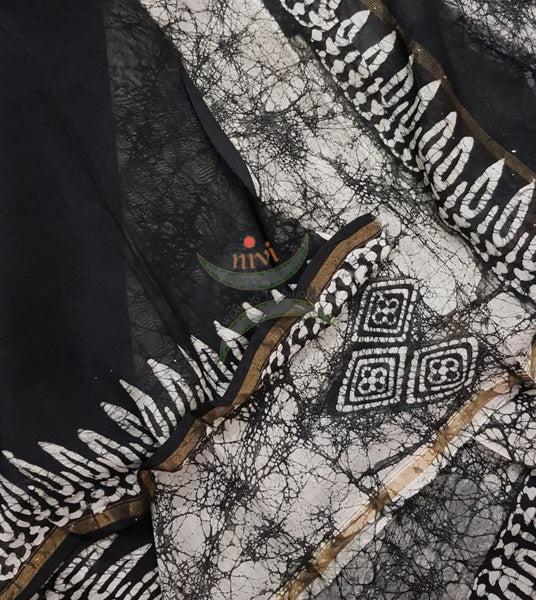 Handloom black and white Chanderi batik saree