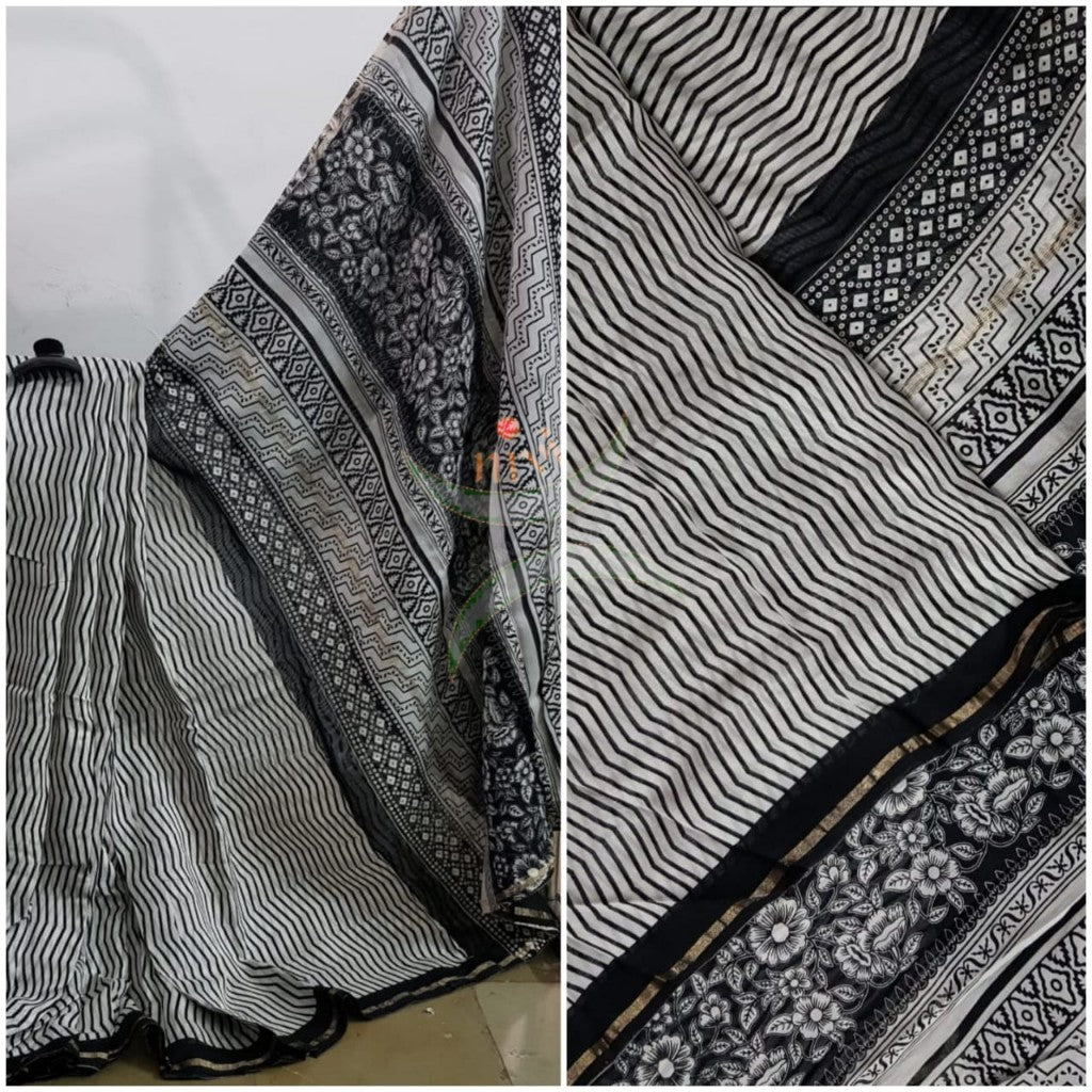 Handloom black and white Chanderi block printed saree