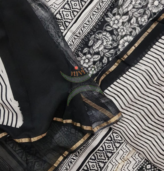 Handloom black and white Chanderi block printed saree