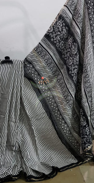 Handloom black and white Chanderi block printed saree
