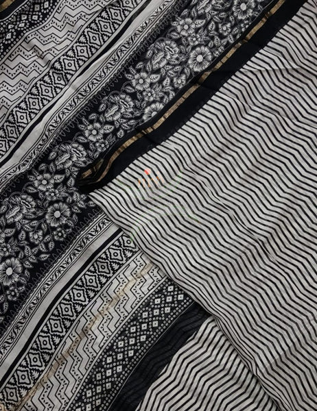 Handloom black and white Chanderi block printed saree