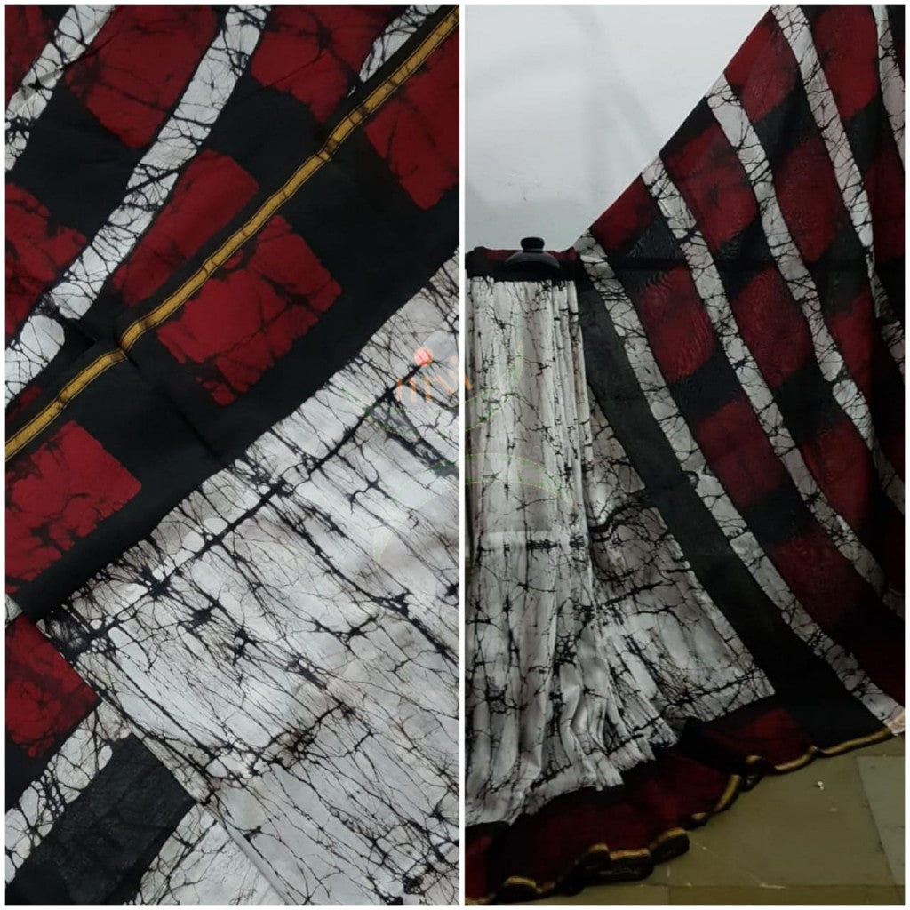 Handloom black and white Chanderi batik saree