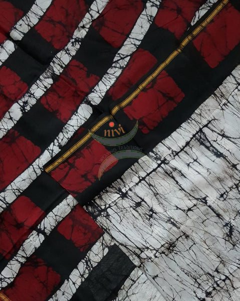 Handloom black and white Chanderi batik saree