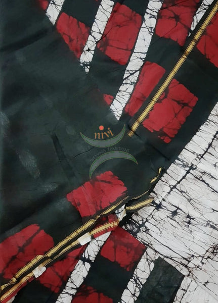 Handloom black and white Chanderi batik saree