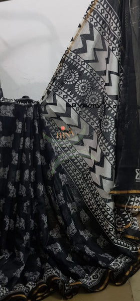 Handloom black and white chanderi printed saree