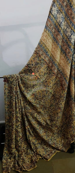 Handloom mustard yellow chennur silk kalamkari saree