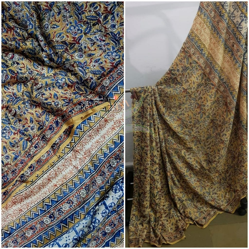 Handloom mustard yellow chennur silk kalamkari saree