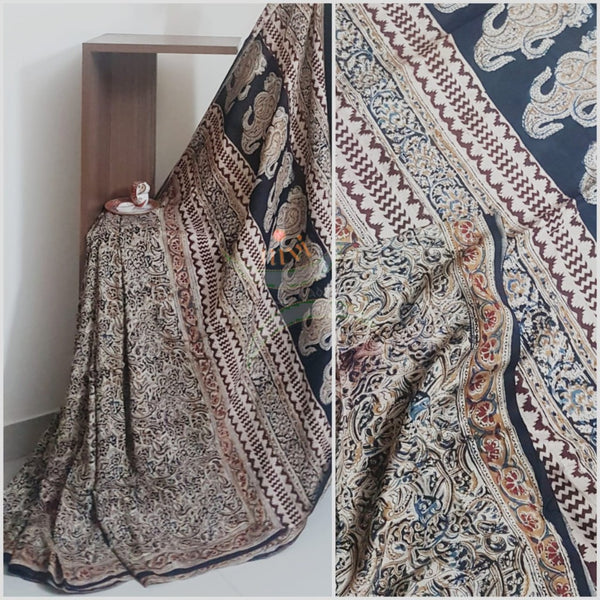 Handloom dark brown chennur silk kalamkari saree