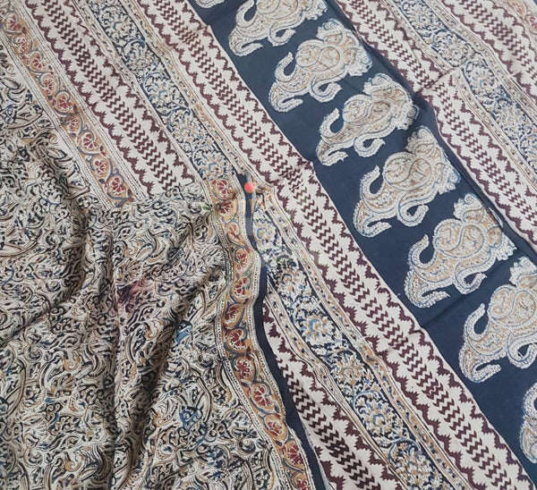 Handloom dark brown chennur silk kalamkari saree