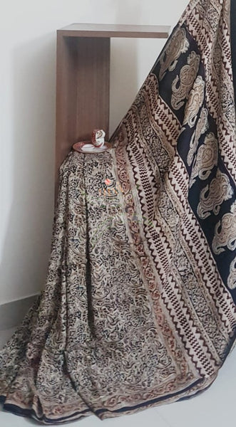 Handloom dark brown chennur silk kalamkari saree