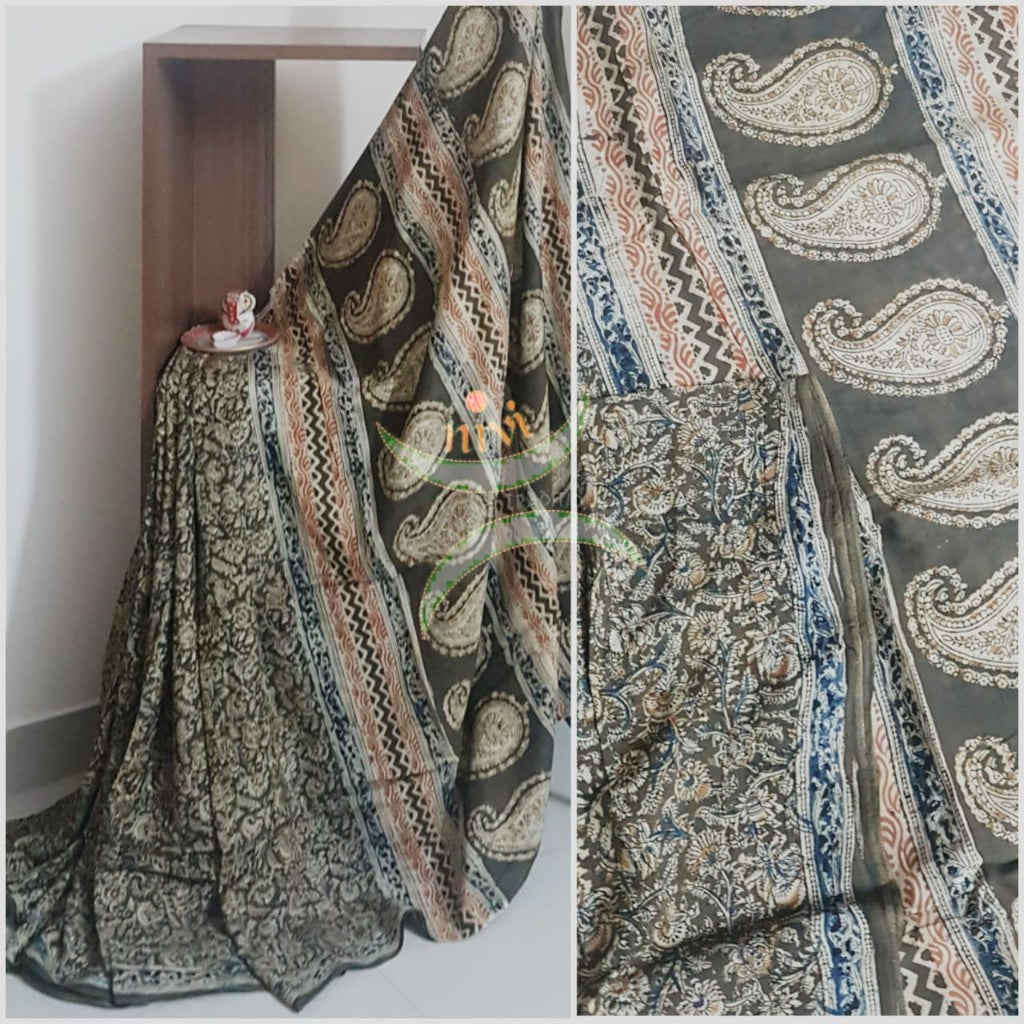 Handloom mehendi green chennur silk kalamkari saree