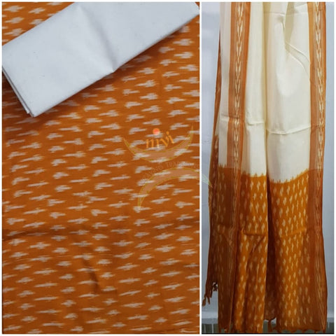 Handloom orange and off white pochampalli ikat 3 piece suit set