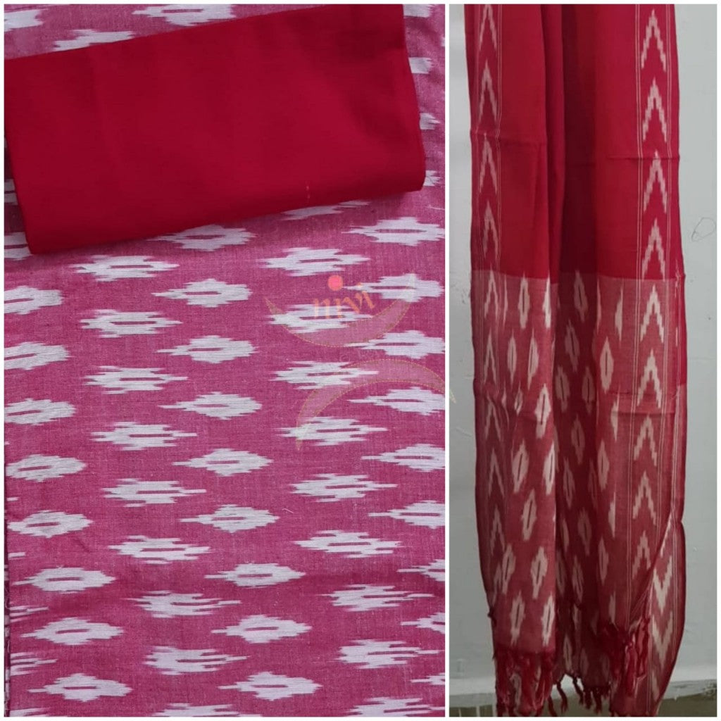 Handloom pink and red pochampalli ikat 3 piece suit set