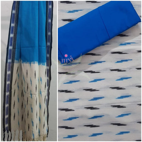 Handloom off white and blue pochampalli ikat 3 piece suit set