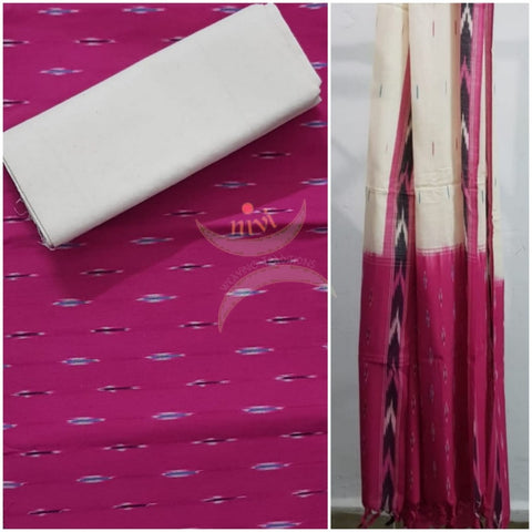 Handloom pink and off white pochampalli ikat 3 piece suit set