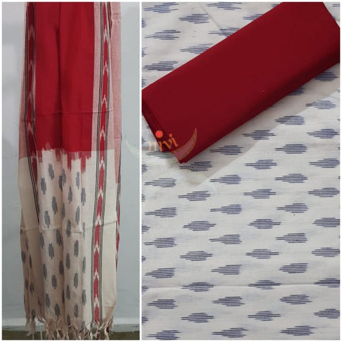 Handloom off white and red pochampalli ikat 3 piece suit set