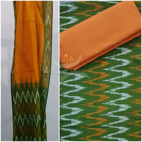 Handloom orange and green pochampalli ikat 3 piece suit set