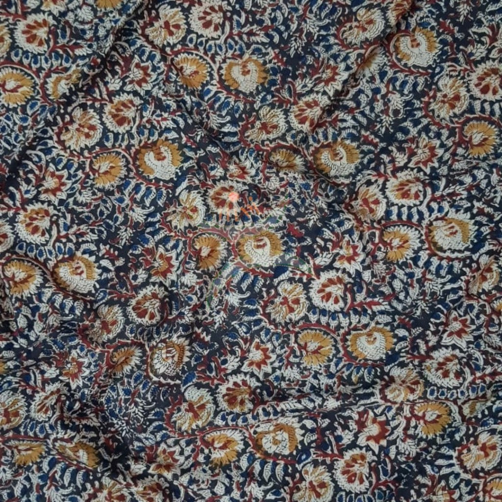 Handloom royal blue cotton kalamkari printed fabric