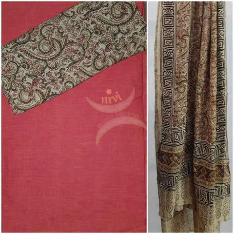 Handloom kalamkari 3 piece suit set with brick red mangalgiri top and kalamkari printed bottom and dupatta