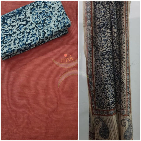 Handloom kalamkari 3 piece suit set with brick orange mangalgiri top and kalamkari printed bottom and dupatta