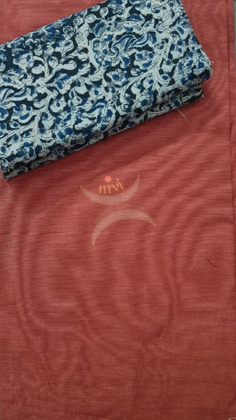 Handloom kalamkari 3 piece suit set with brick orange mangalgiri top and kalamkari printed bottom and dupatta