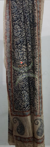 Handloom kalamkari 3 piece suit set with brick orange mangalgiri top and kalamkari printed bottom and dupatta