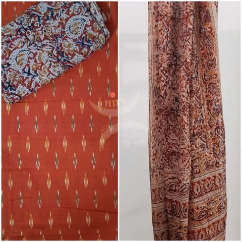 Orange handloom ikat top with kalamkari printed bottom and dupatta