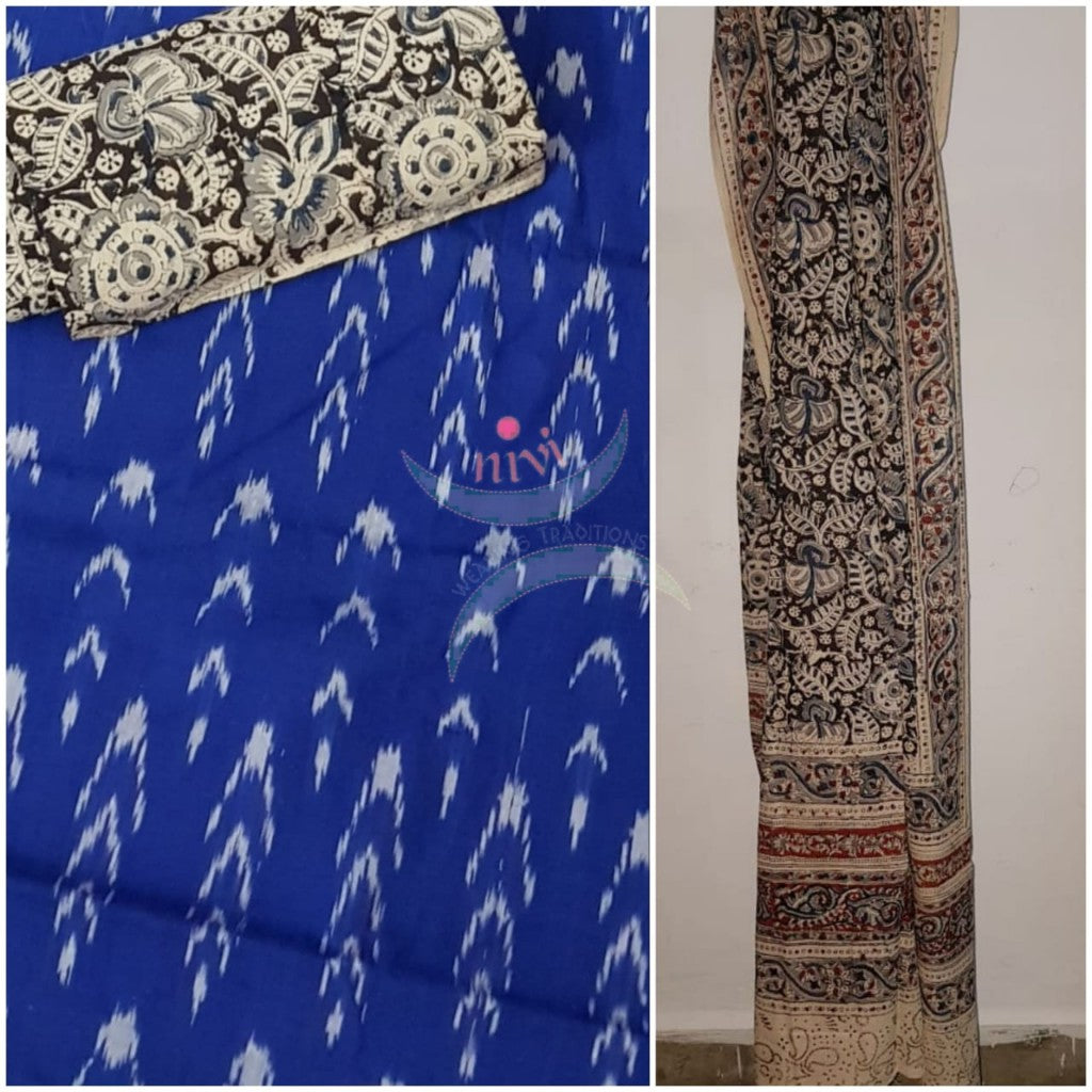 Royal blue handloom ikat top with kalamkari printed bottom and dupatta