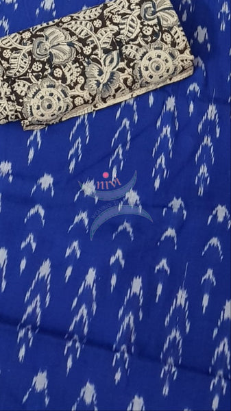 Royal blue handloom ikat top with kalamkari printed bottom and dupatta