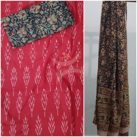 Red handloom ikat top with kalamkari printed bottom and dupatta