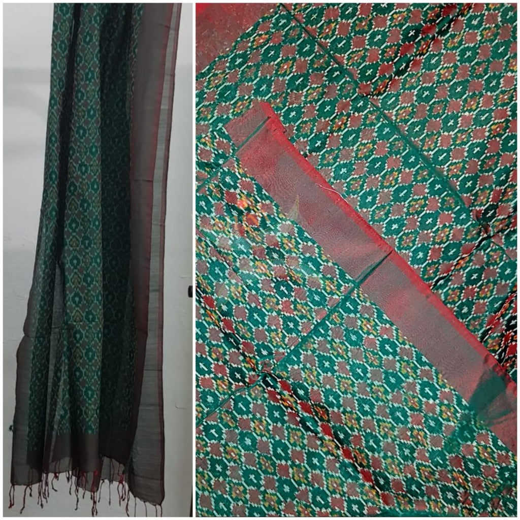 Handloom two tone green silk cotton pochampalli ikat dupatta