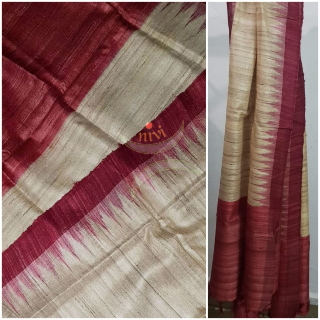 Handloom beige with maroon temple border kuppadam tussar silk dupatta