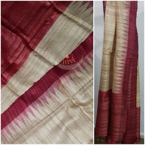 Handloom beige with maroon temple border kuppadam tussar silk dupatta