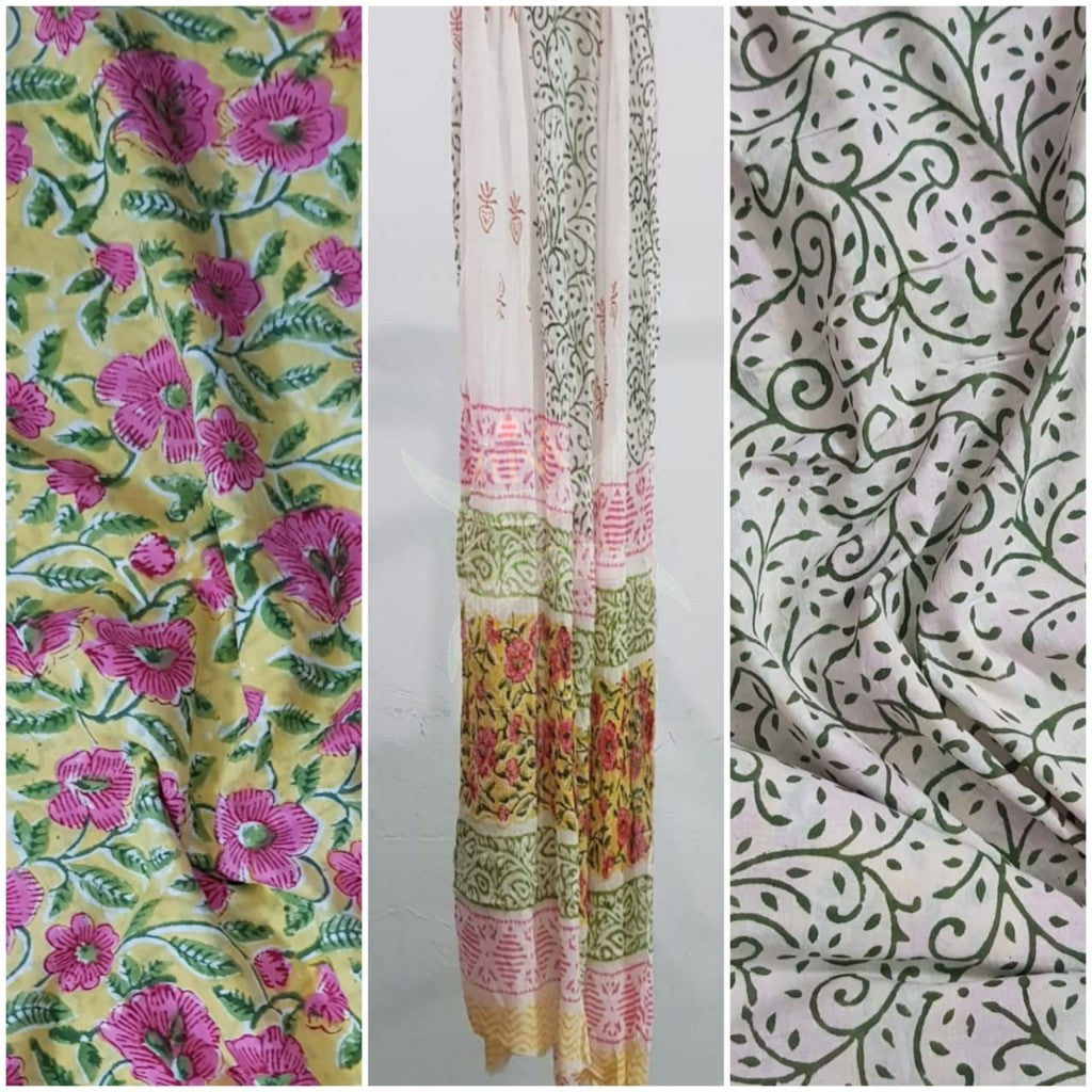 Handloom yellow hand block printed dress material with floral motif and chiffon dupatta.