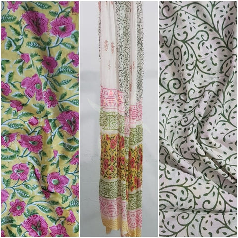 Handloom yellow hand block printed dress material with floral motif and chiffon dupatta.