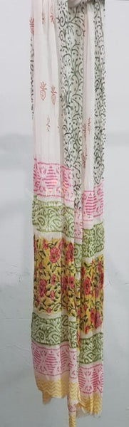 Handloom yellow hand block printed dress material with floral motif and chiffon dupatta.