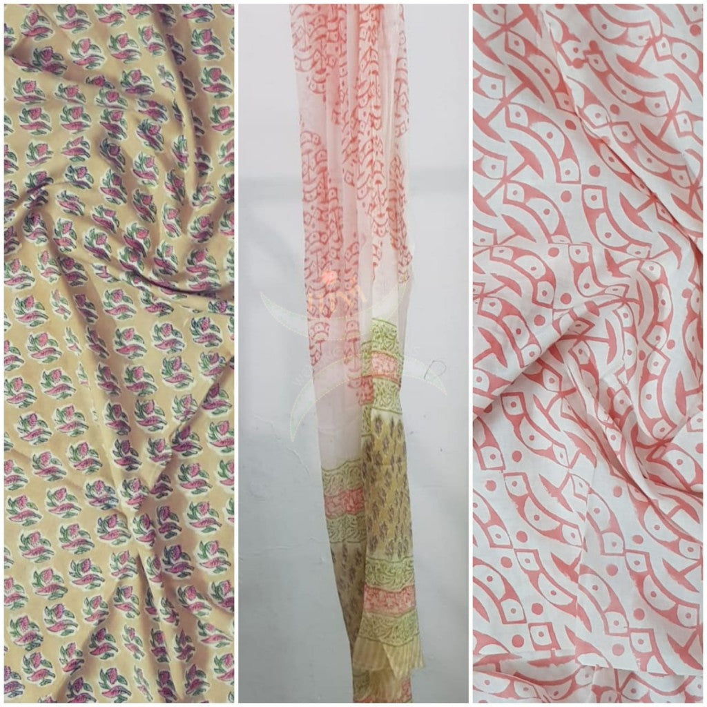 Handloom Mustard hand block printed dress material with floral motif and chiffon dupatta.