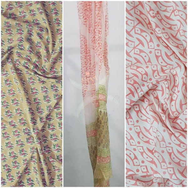 Handloom Mustard hand block printed dress material with floral motif and chiffon dupatta.
