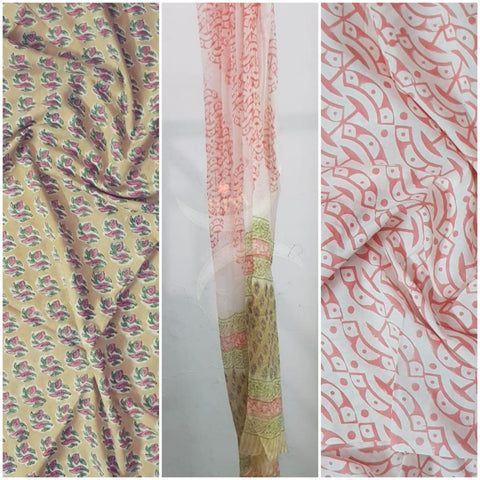 Handloom Mustard hand block printed dress material with floral motif and chiffon dupatta.