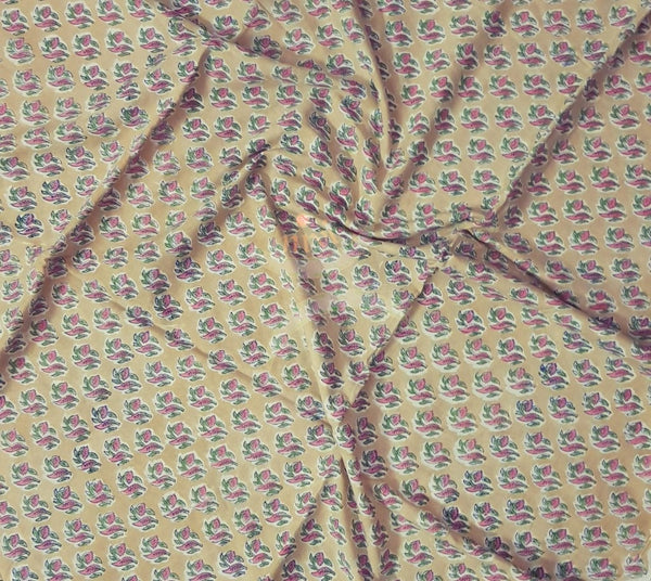Handloom Mustard hand block printed dress material with floral motif and chiffon dupatta.