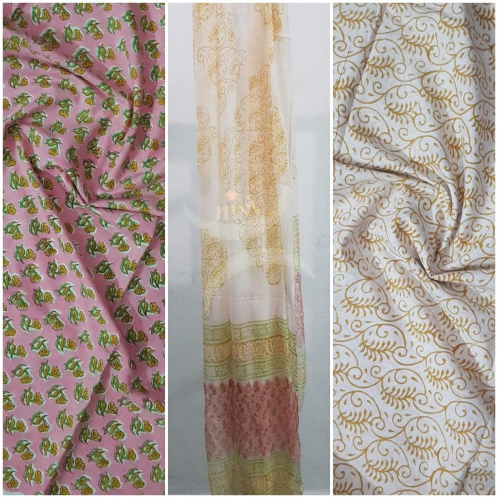 Handloom pink hand block printed dress material with floral motif and chiffon dupatta.