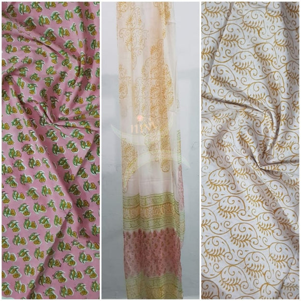 Handloom pink hand block printed dress material with floral motif and chiffon dupatta.