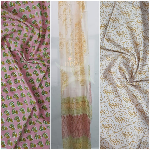 Handloom pink hand block printed dress material with floral motif and chiffon dupatta.