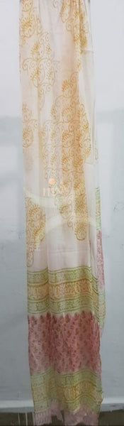 Handloom pink hand block printed dress material with floral motif and chiffon dupatta.