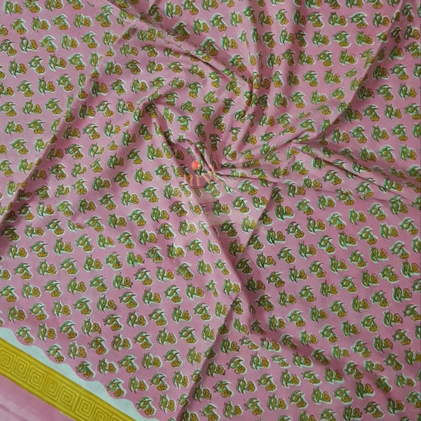 Handloom pink hand block printed dress material with floral motif and chiffon dupatta.