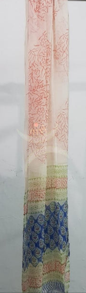 Handloom blue hand block printed dress material with floral motif and chiffon dupatta.