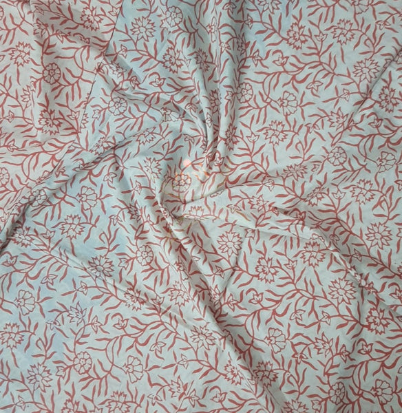 Handloom blue hand block printed dress material with floral motif and chiffon dupatta.