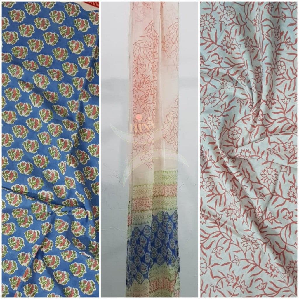 Handloom blue hand block printed dress material with floral motif and chiffon dupatta.